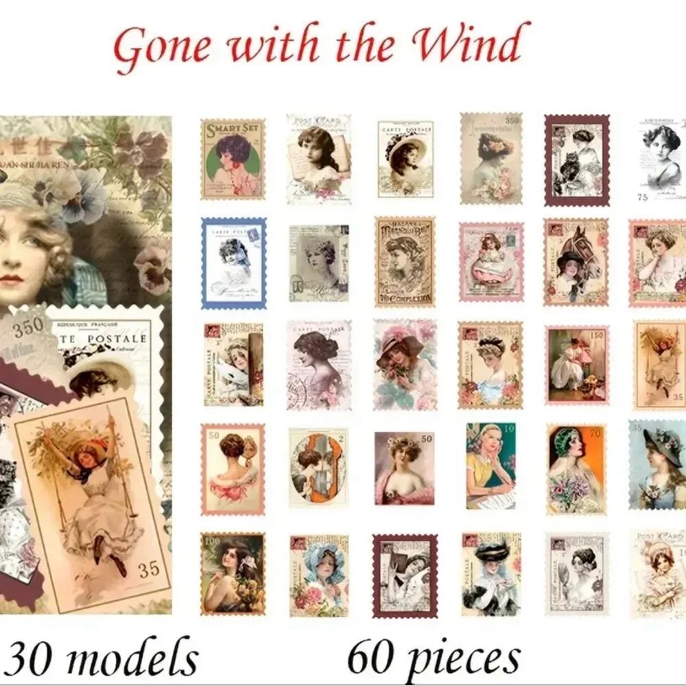 Set Of 60 pcs Vintage Style Stamp Stickers Adorable‎ Designs For DIY Scrapbooks